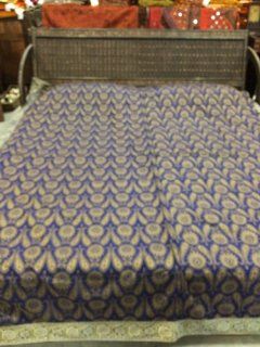 5pcs Indian Bedding Vintage Silk Sari Royal Blue Golden Bedspread Throw King Bedcover  