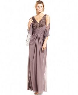 Ignite Sleeveless Embroidered V Neck Gown and Shawl   Dresses   Women