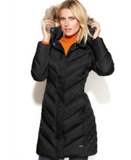 DKNY Faux Fur Trim Hooded Belted Puffer Coat   Coats   Women