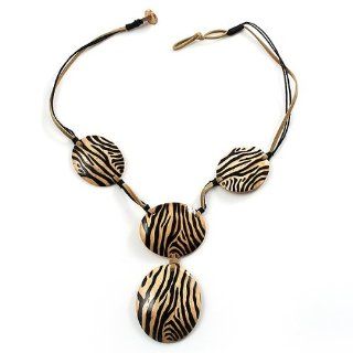 Zebra Print Wooden Disk Leather Cord Necklace (Black&Beige) Choker Necklaces Jewelry