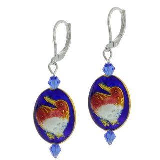 Blue Crystal Cloisonne Bead Button Shape Lever Back Oval Bird Earrings 2 Inch Jewelry