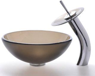 Kraus C GV 103FR 14 12mm 10ORB Frosted 14 Inch Brown Glass Vessel Sink and Waterfall Faucet, Oil Rubbed Bronze    