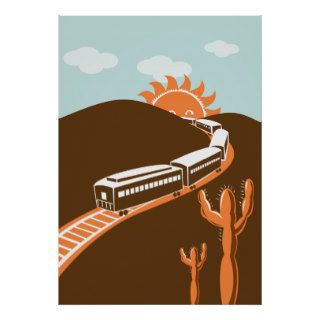 vintage train travel mountains desert cactus posters