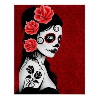 Day of the Dead Sugar Skull Girl   red Poster