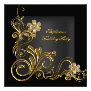 Elegant Birthday Party Black Gold Flower Invitations
