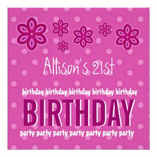 21st Birthday Pink Flowers Teen Girl Custom Name Personalized Invitations