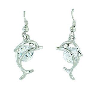 Silver Crystal Dolphin Earrings Dangle Jewelry