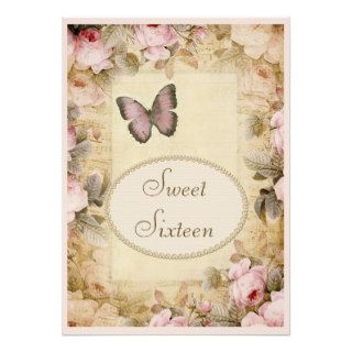 Sweet 16 Vintage Roses Butterfly & Music Notes Invitations