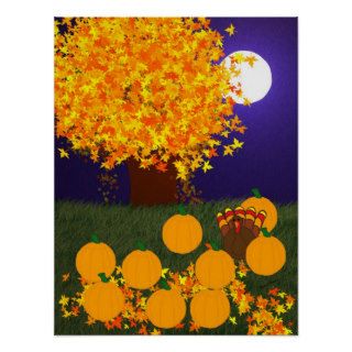 Fall Field with Turkey and Pumpkins at Night Print