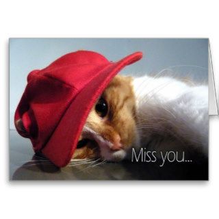 Miss You   Cute Cat Wearing Red Cap Greeting Card