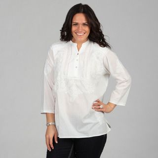KC Signatures Women's White Cotton Hand Embroidered 3/4 Sleeve Tunic KC Signatures 3/4 Sleeve Shirts