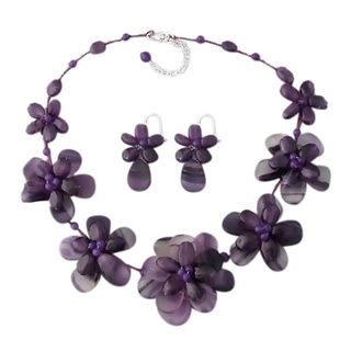 Silver Amethyst and Agate Floral Necklace and Earring Jewelry Set (Thailand) Jewelry Sets