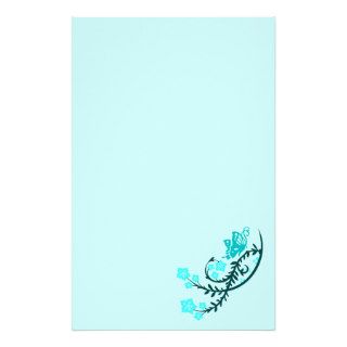 Aqua Teal Butterfly and Flowers Stationery Design