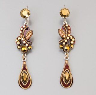 Enchanting Dangle Earrings by Adaya Set with Beige and Gold Round and Tear Drop Swarovski Crystals and Beads; Designed by Israeli Artist Maya Rayten ADAYA Jewelry