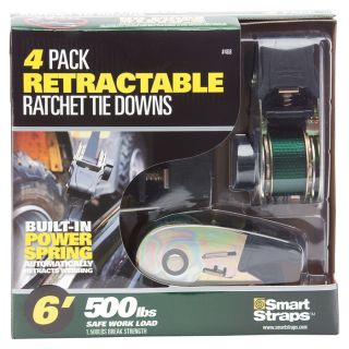 Smart Straps Retractable Ratchet Tie-Downs — 6ft.L, 1500-Lb. Capacity, 4-Pack, Green, Model# 468  Ratchet Tie Down Straps