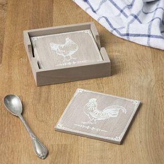 wooden hen coasters by the contemporary home