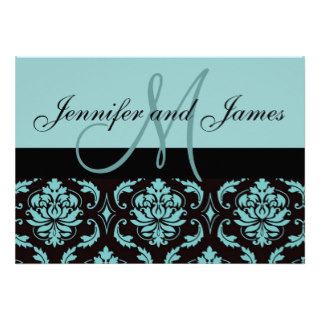 Blue Damask Wedding Invitation Monogram Names