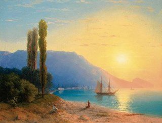 Ivan Aivazovsky (Sunset over Yalta, 1861) Hand Painted Art Reproduction with Oil on Canvas (26.4x35 in) (67x89 cm)  