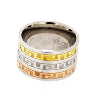 EDFORCE 18K Tri Color Gold Plated Grecian Key Engraved Band EDFORCE Jewelry
