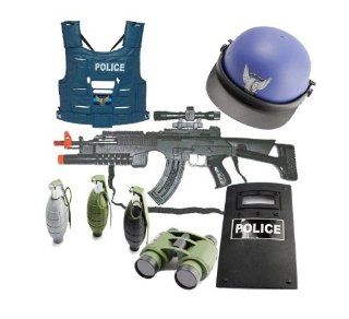 Electronic KA Combat Sniper Machine Gun/Grenade Launcher Toy Gun with sound and Lights, Swat Police Vest, Police Helmet, 3 realistic toy grenades, Zooming binoculars, Riot Shield Toys & Games