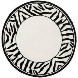 Hand hooked Zebra Border White/ Black Wool Rug (3' Round) Safavieh Round/Oval/Square