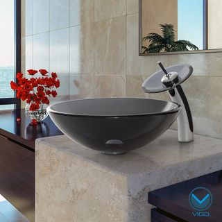 Vigo Sheer Black Glass Vessel Sink And Waterfall Faucet Set In Chrome
