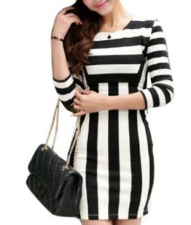 Vobaga Women's Celebrity Black White Striped 3/4 Sleeve Slim Bodycon Mini Dress