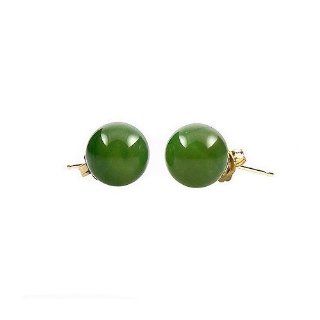 14K Yellow Gold 6mm Natural Nephrite Green Jade Ball Stud Post Earrings Jewelry