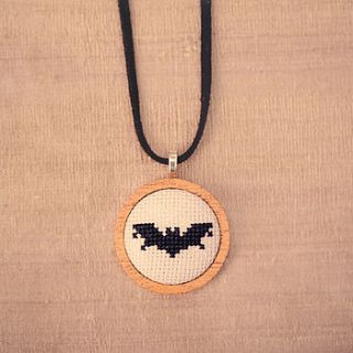 hand embroidered bat necklace by handstitched with love