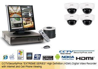 "EXTREME SERIES" VANDAL PROOF / WEATHER PROOF 4 Camera Complete Indoor/Outdoor Sony EFFIO E (700 LINES) Infrared Dome Security Camera System with Internet and Cell Phone Viewing  Complete Surveillance Systems  Camera & Photo