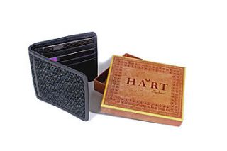 oak leather blue barleycorn tweed wallet by hart
