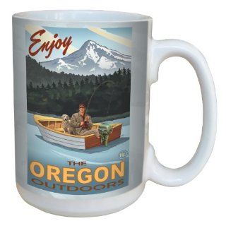 Tree Free Greetings lm43131 Vintage Mount Hood Oregon Fishing by Paul A. Lanquist Ceramic Mug with Full Sized Handle, 15 Ounce, Multicolored Kitchen & Dining