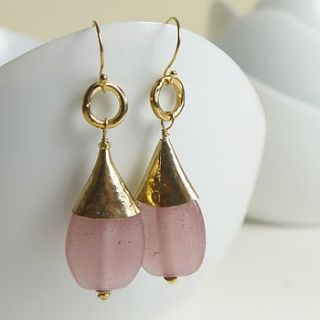 22 k gold plated pink glass drop earrings by begolden
