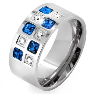 Stainless Steel Blue and Clear CZ Checkered Ring West Coast Jewelry Men's Rings
