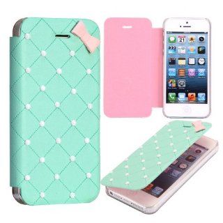 Dolaso Sweet Style Bow Pearls Flip Leather Case Compatible with iPhone 5 Blue Cell Phones & Accessories