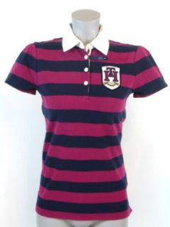 Tommy Hilfiger Slim Fit Womens Striped Logo Rugby Shirt   M   Burgundy/Navy Polo Shirts