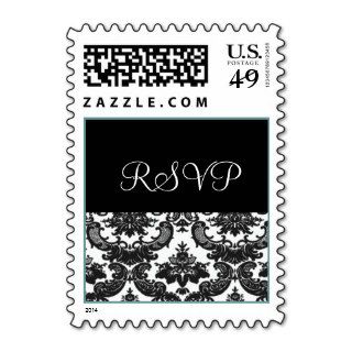 Black and White Damask RSVP Turquoise Script Postage