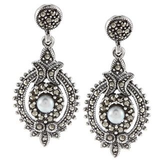 Glitzy Rocks Sterling Silver Marcasite and Faux Pearl Art Deco Dangle Earrings Glitzy Rocks Gemstone Earrings