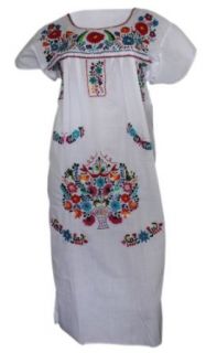 Embroidered White Mexican Peasant Hippie Dress Clothing