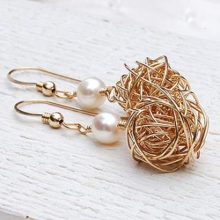 14ct gold filled bird's nest & pearl earrings by indivijewels
