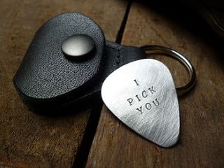 'i pick you' plectrum and leather key ring by bobby rocks