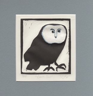 'barn owl' linocut print by tozzy bridger