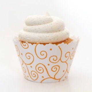 Gold & White Swirls Cupcake Wrapper   Set of 12   Elegant, Simple Decorating Supplies for Designer Cupcakes Kitchen & Dining
