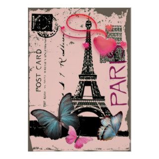vintage pink Paris Effiel Tower Butterfly Poster