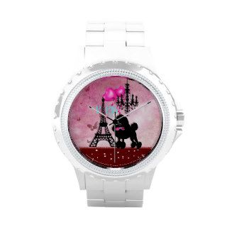 French Paris Girly Chic Poodle Eiffel Tower Damask Wrist Watches