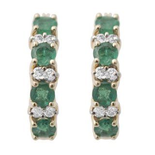 14k Yellow Gold Emerald & Diamond Hoop Earrings Jewelry