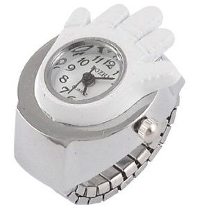 Lady Elastic Band Palm Shape Arabic Number Dial Finger Ring Watch White Silver Tone Watches