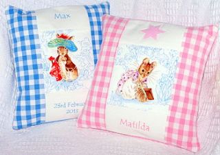 pastel beatrix potter© name and date cushion by tuppenny house designs