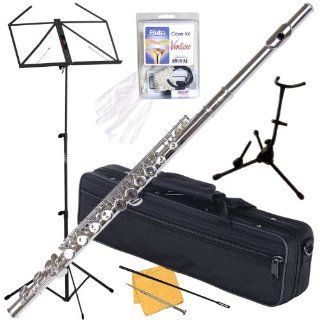 Barcelona C Student Flute Bundle with Flute Stand, Music Stand, Care Kit, Polishing Cloth, Hardshell Case, and Handling Gloves   Silver Electronics