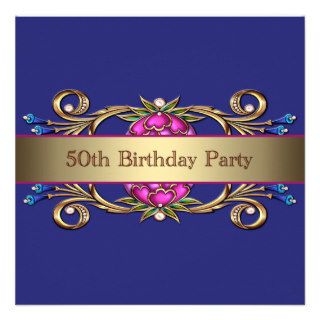 Blue Gold Elegant 50th Birthday Invitation